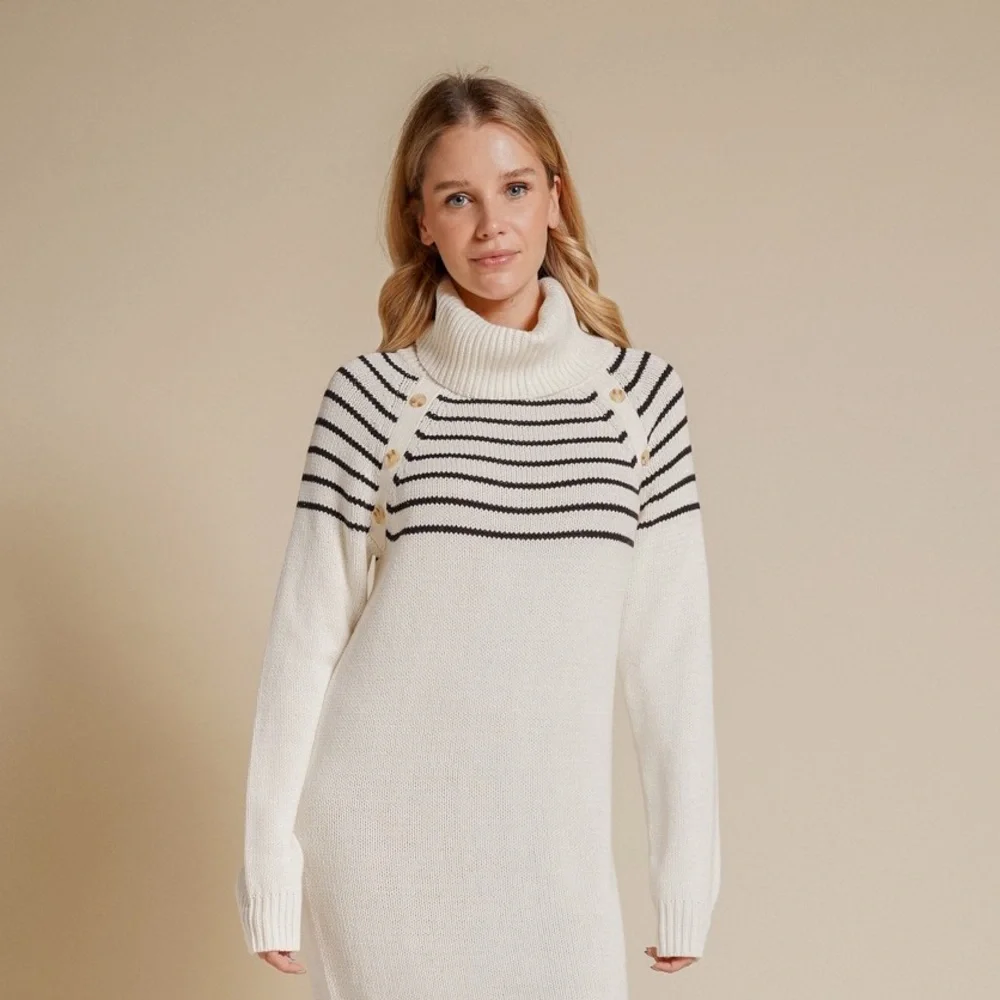 🆕Sweater Dress Striped With Button Detail Black & OffWhite S, M & L Available - Picture 2 of 4
